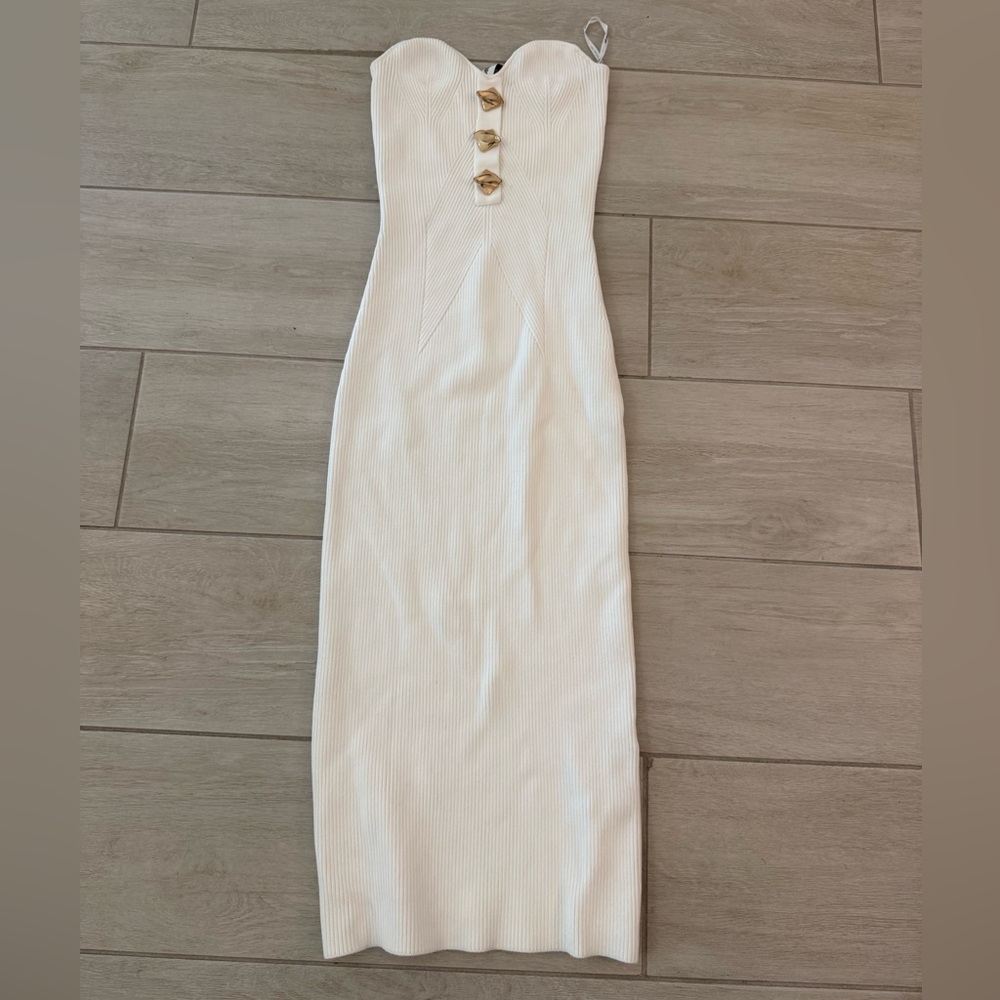 Self portrait Strapless White Ribbed Midi Dress with Gold Accent Buttons